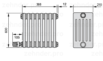 Схема (чертеж) Радиатор Zehnder Charleston 6060/8 №V003 Белый глянцевый RAL 9016